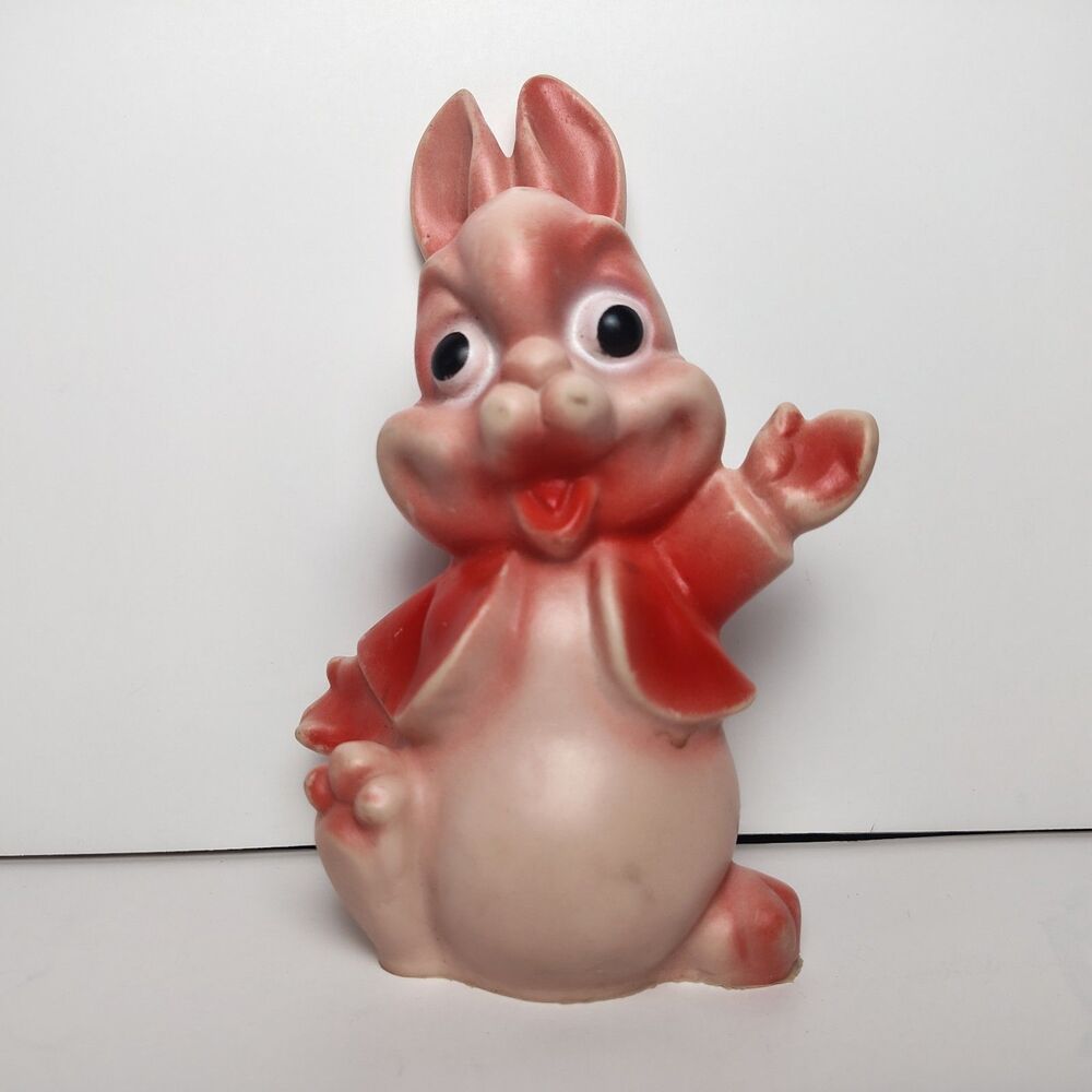 Vintage Rubber Squeaky Toy Easter Bunny In Red Jacket Waving Collectible